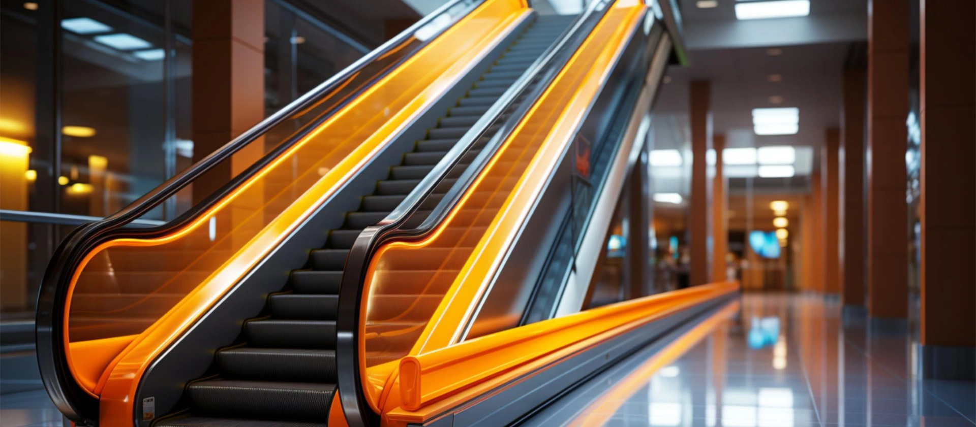 A pair of escalators in a polished commercial atrium