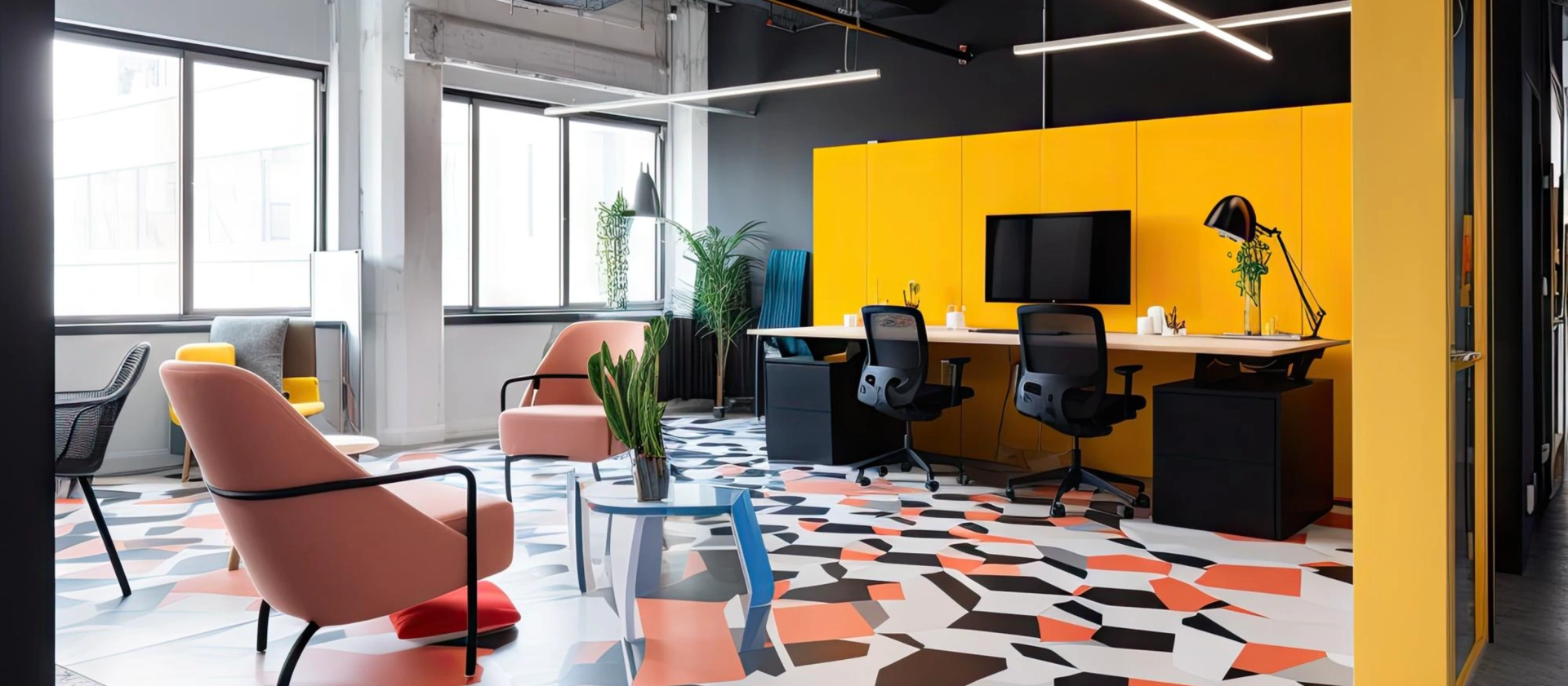 A bright open-plan office after fit-out, with lounge seating and an accent wall